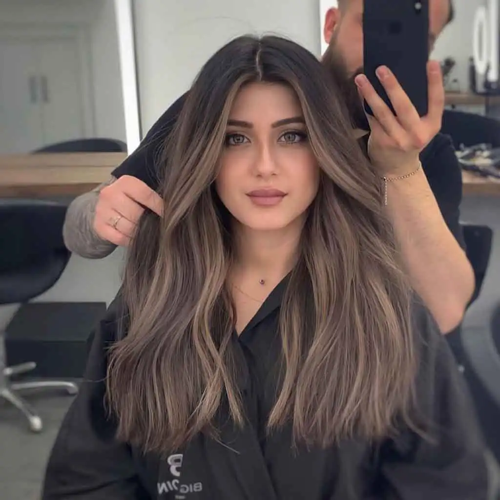 Dark Smoky Mushroom Brown Highlights on Long Hair