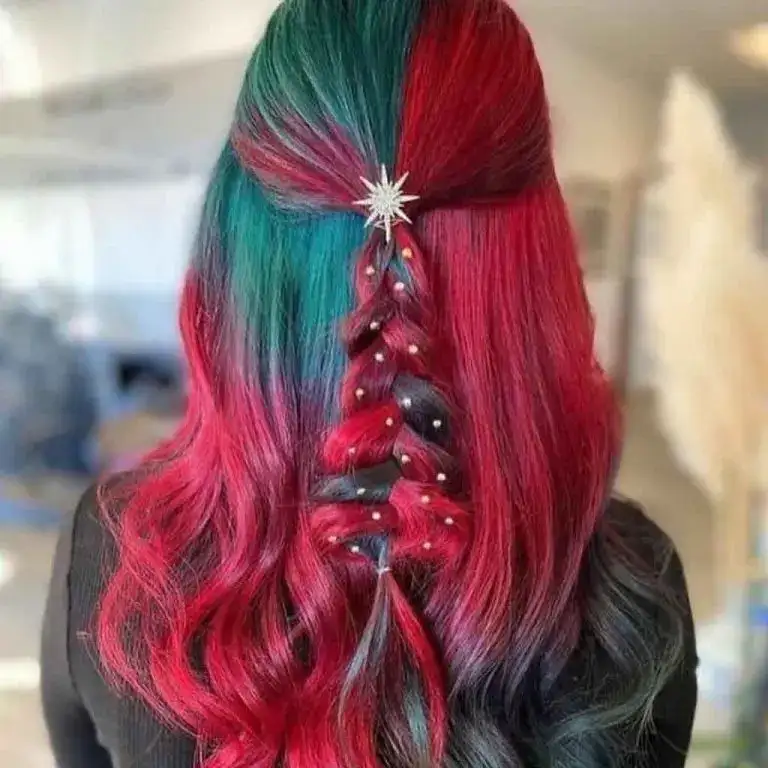 Pine Green and Carmine Red Christmas Hairstyle With Christmas Tree Braid