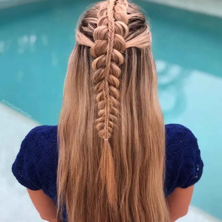 Stacked Dutch Braid With Fishtail on Long Bronde Hair