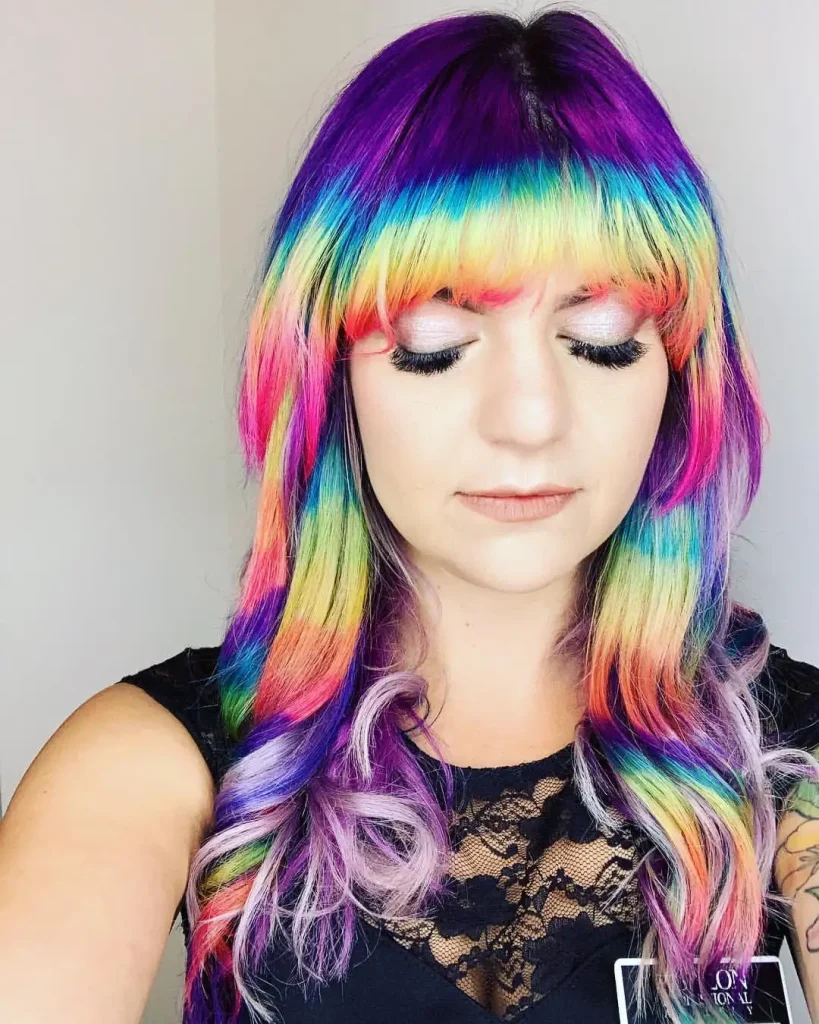 Wavy Purple Wolf Cut With Rainbow Colored Clip-On Bangs