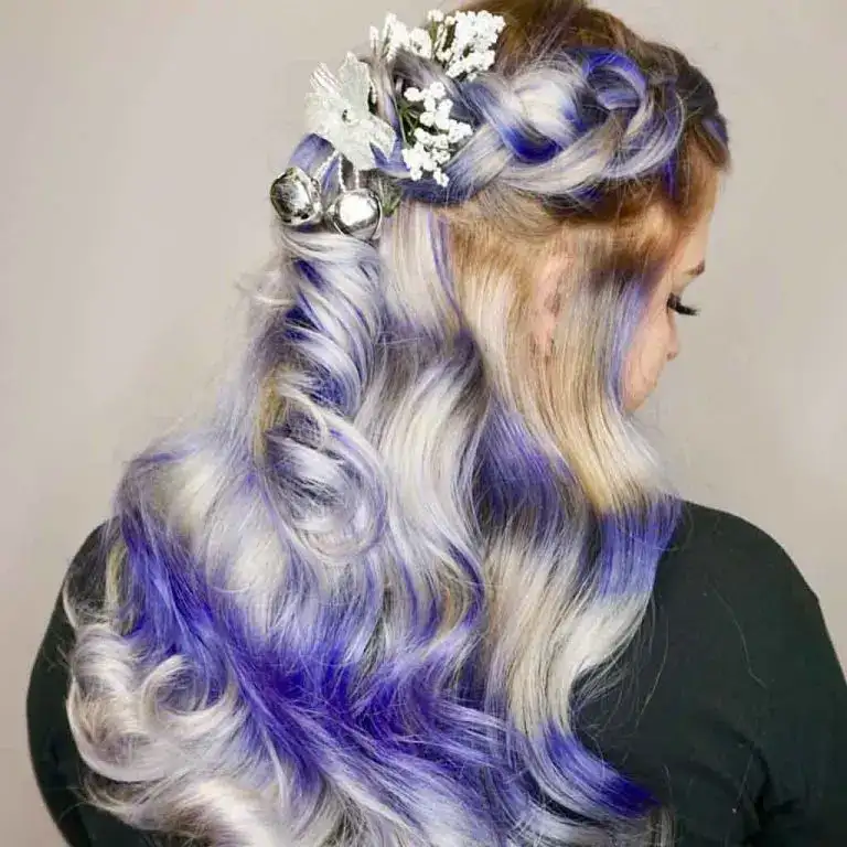 Decorated Silent-Night-Inspired Blue Orchid and White Balayage on Long Wavy Hair