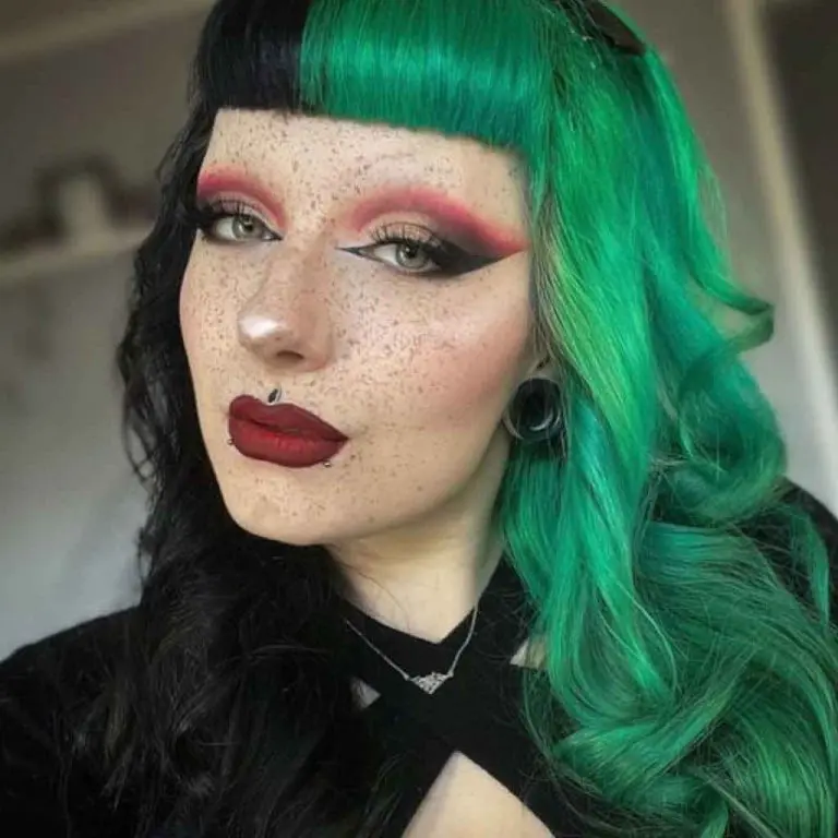 Emo-Style Black and Emerald Wavy Gemini Hair With Blunt Micro Bangs