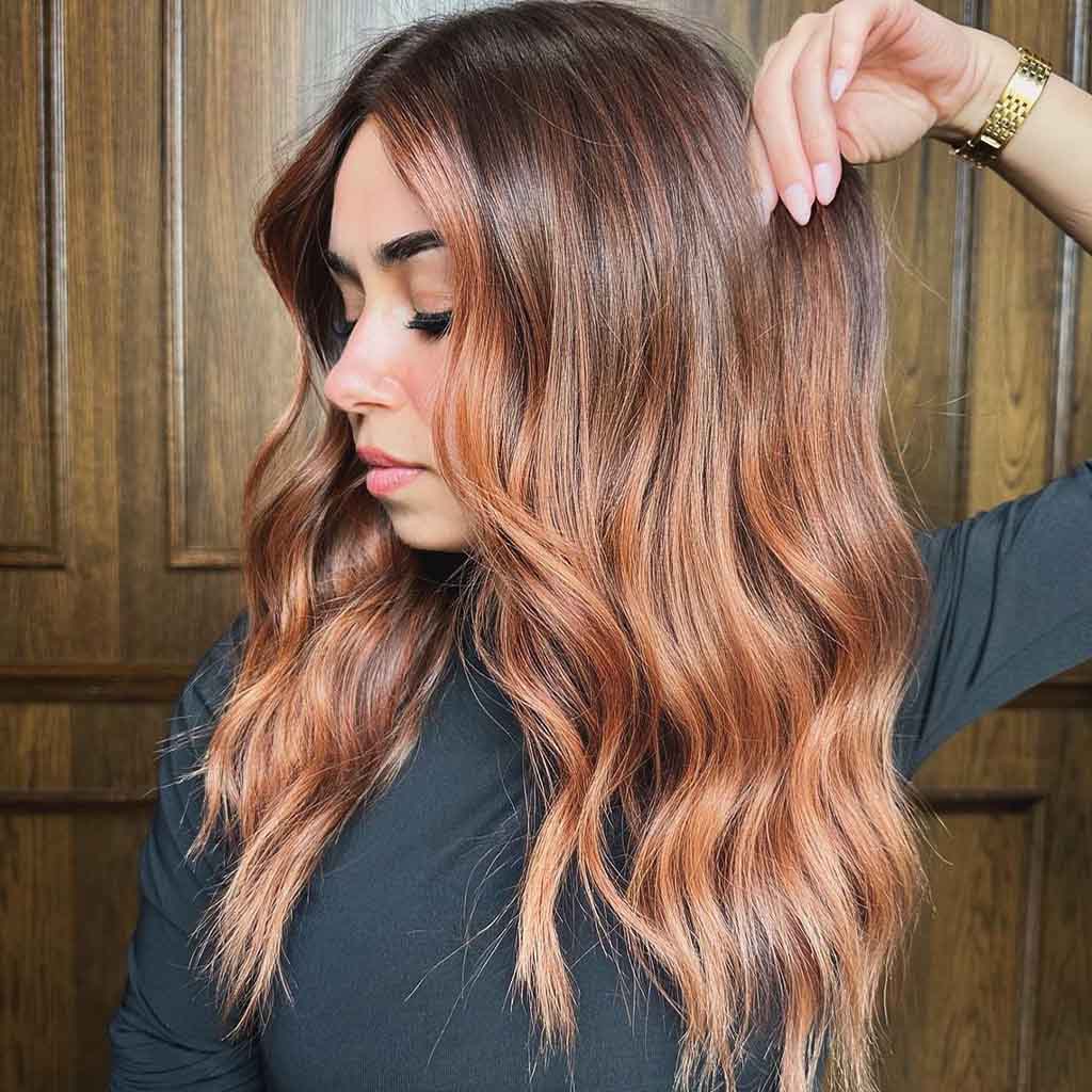 Long Wavy Hair With Copper Balayage