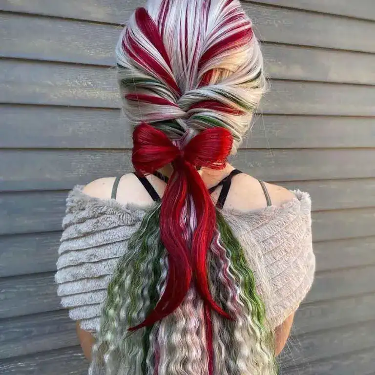 Christmas Ponytail Braid With Red Bow Pony and Crimped Ends
