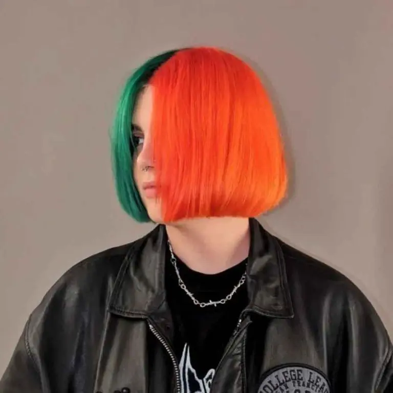 Forest Green And Neon Orange Gemini Hair On Straight Bob Cut