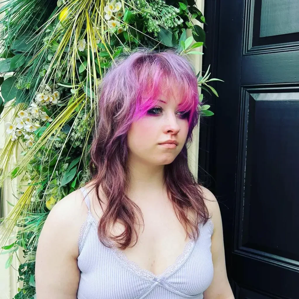 Long Burgundy Mullet Wolf Cut With Hot Pink Messy Bangs