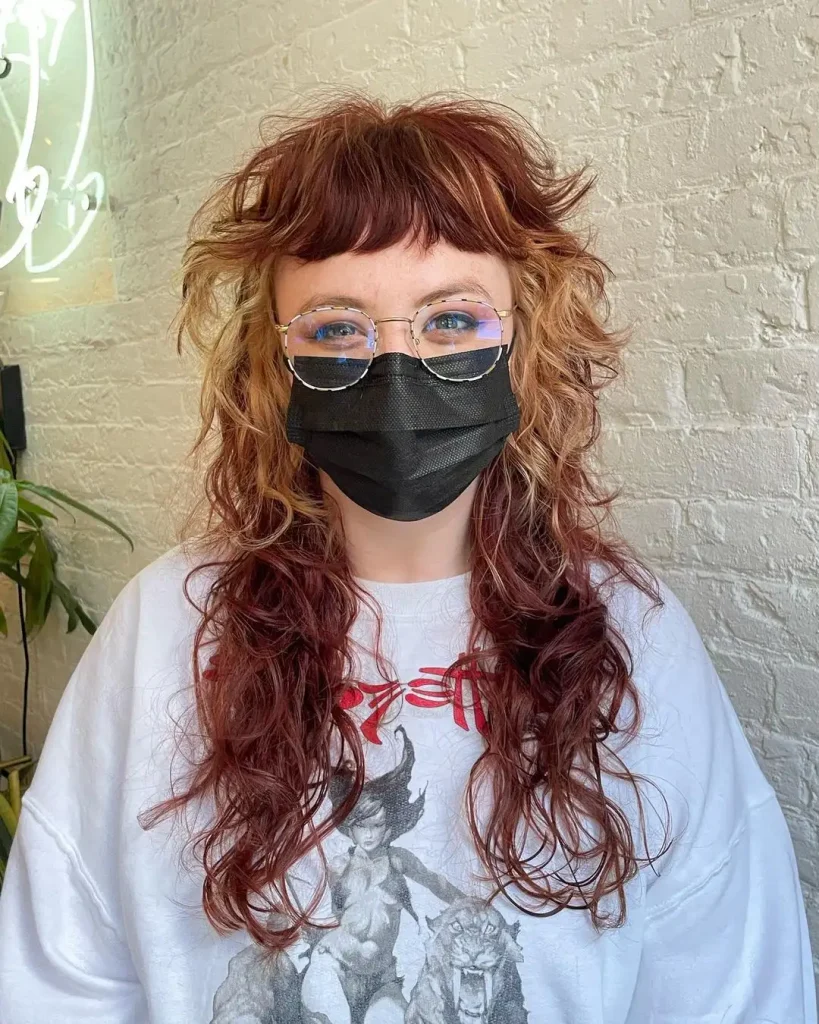 Multi-Toned Long Wavy Mullet Wolf Cut With Micro Curtain Bangs
