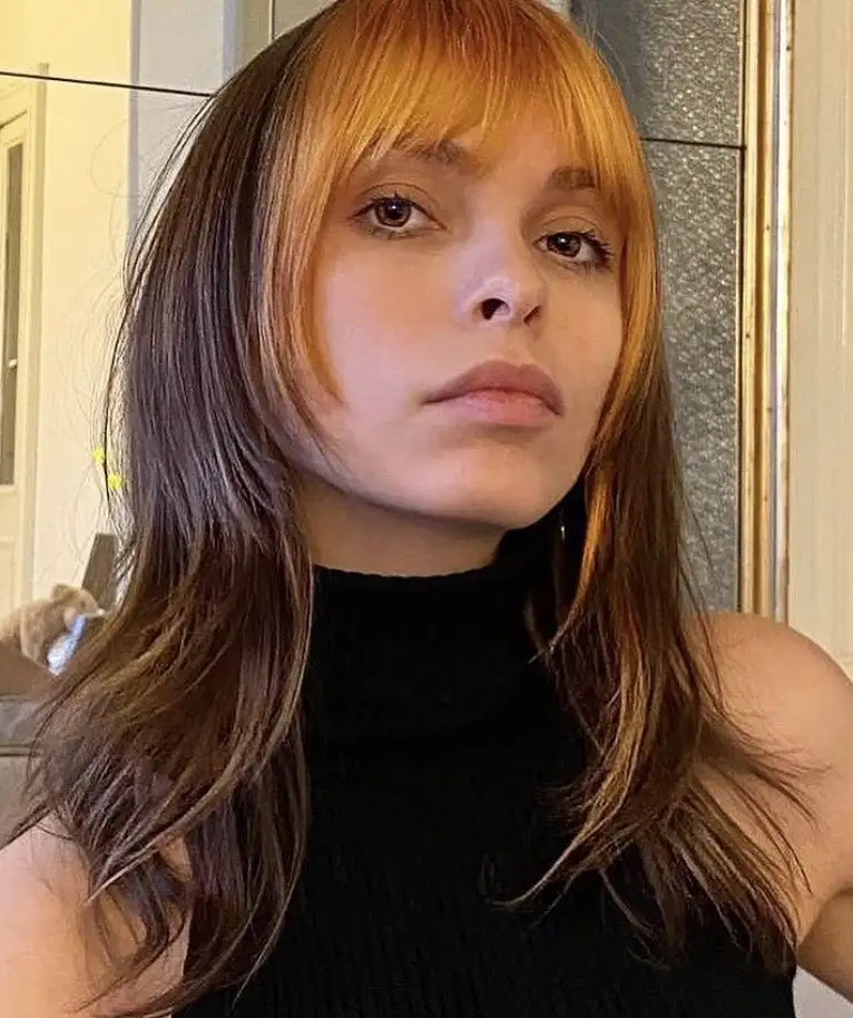 Straight Face-Framing Brown Medium Wolf Cut With Golden Choppy Bangs