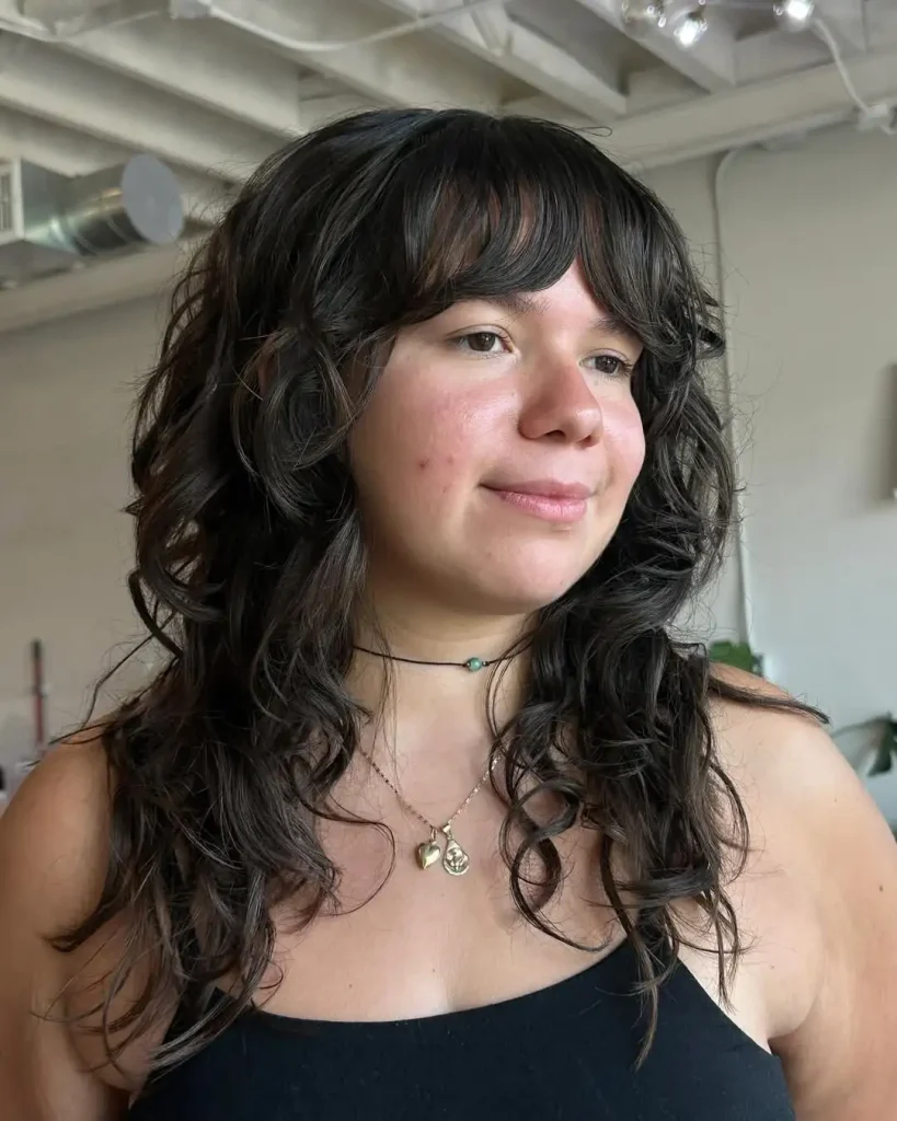 Wavy Black Mullet Wolf Cut With Wavy Curtain Bangs