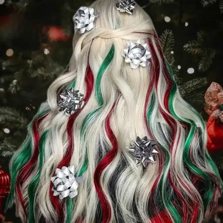 Long Icy Blonde Wavy Hair With Christmas Color Highlights and Decor
