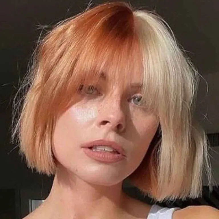 Copper and Pearl Blonde Gemini Hair on Bob Cut With Choppy Bangs