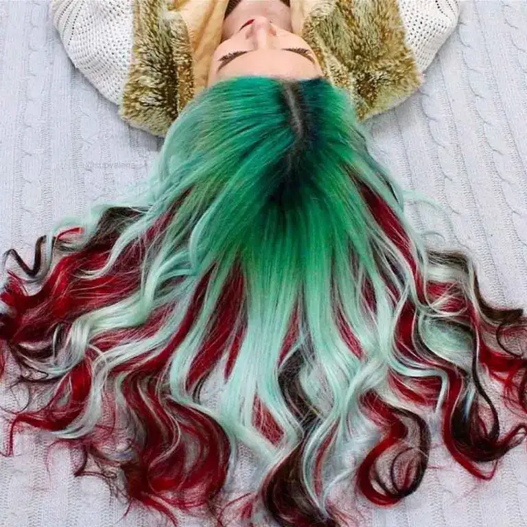Emerald Green and White Wavy Hair With Ruby Red Highlights Underneath