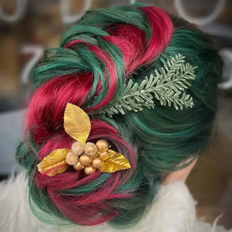 Cherry Red and Pine Green Decorated Christmas-Inspired Braided Bun