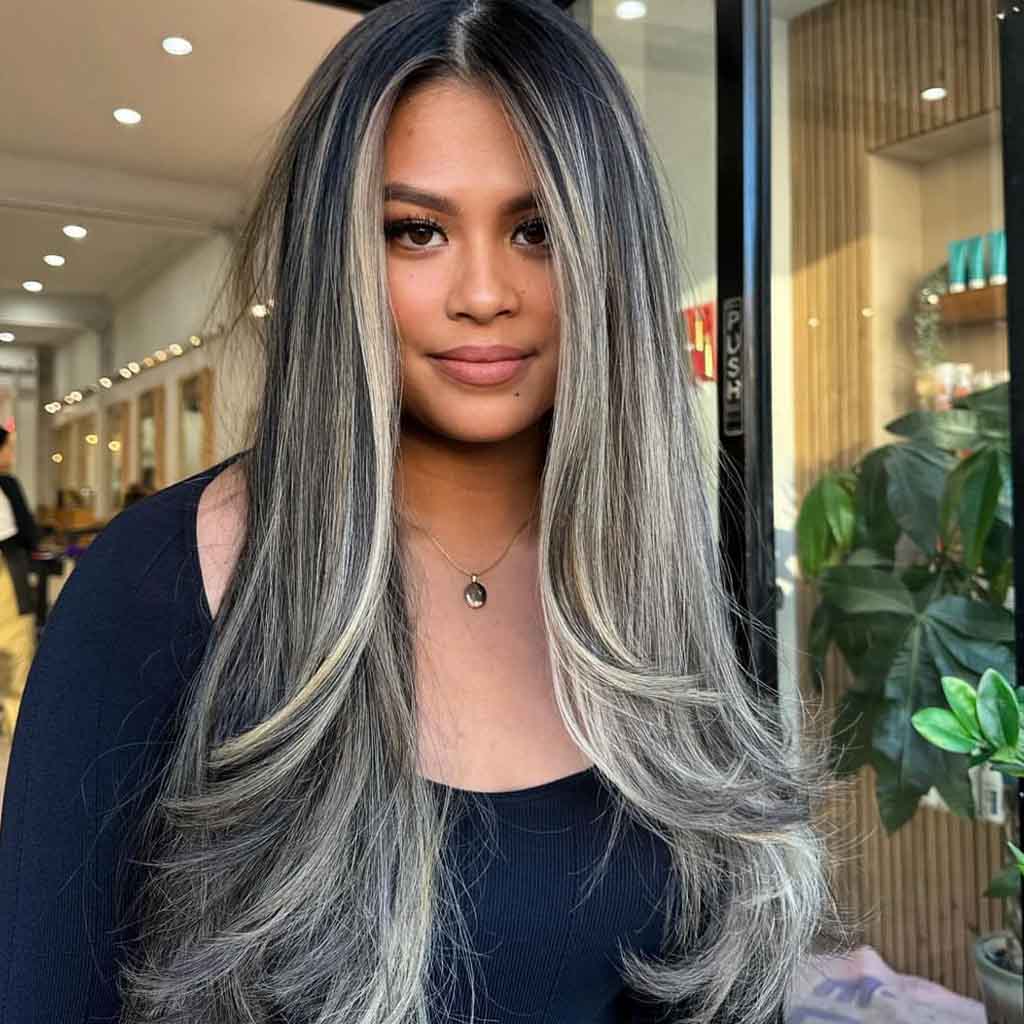 Long Blonde Balayage on Black Hair