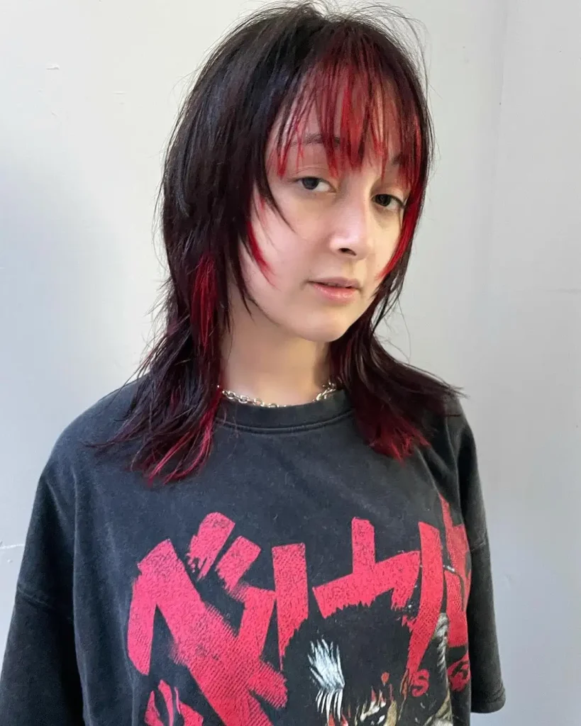 Medium Wolf With Red Wine Extended Choppy Bangs and Alternating Highlights