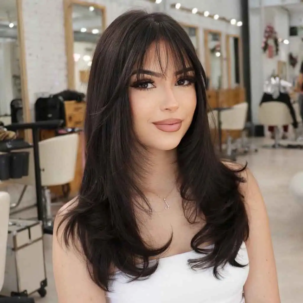 Long Black Layered Hair With Wispy Bangs