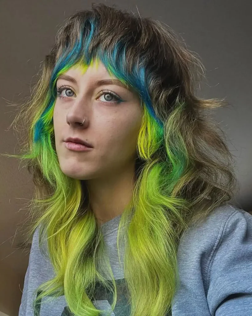 Wavy Tousled Wolf Cut With Ocean Blue, Parrot Green and Neon Yellow Messy Bangs and Highlights