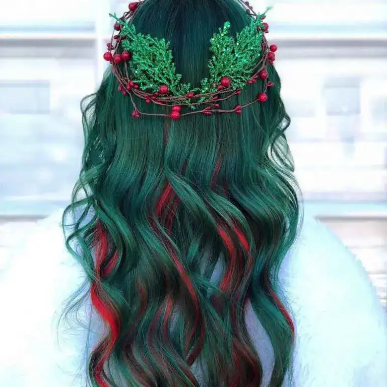 Long Wavy Bottle Green Hair With Red Highlights and Christmas Wreath