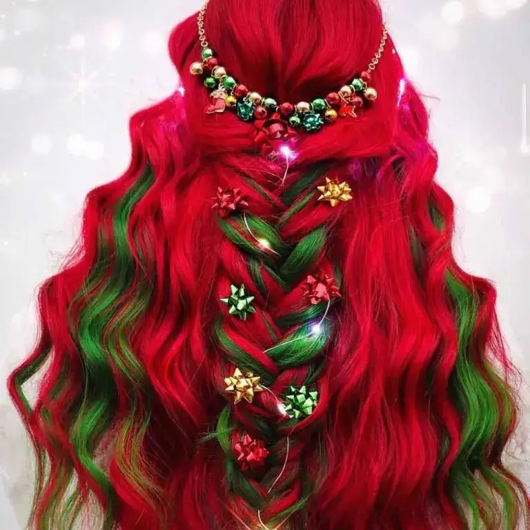 Long Wavy Bright Green Red Christmas Hair With Fishtail Braid and Decor