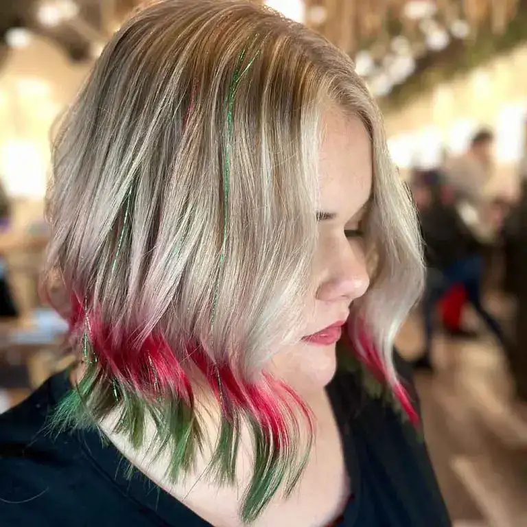 Blonde Extended Bob With Red and Moss Green Tips and Sparkly Green Streaks