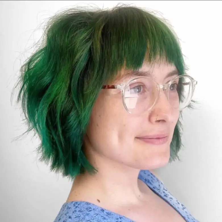 Forest Green Short Shag Razor Cut With Bangs