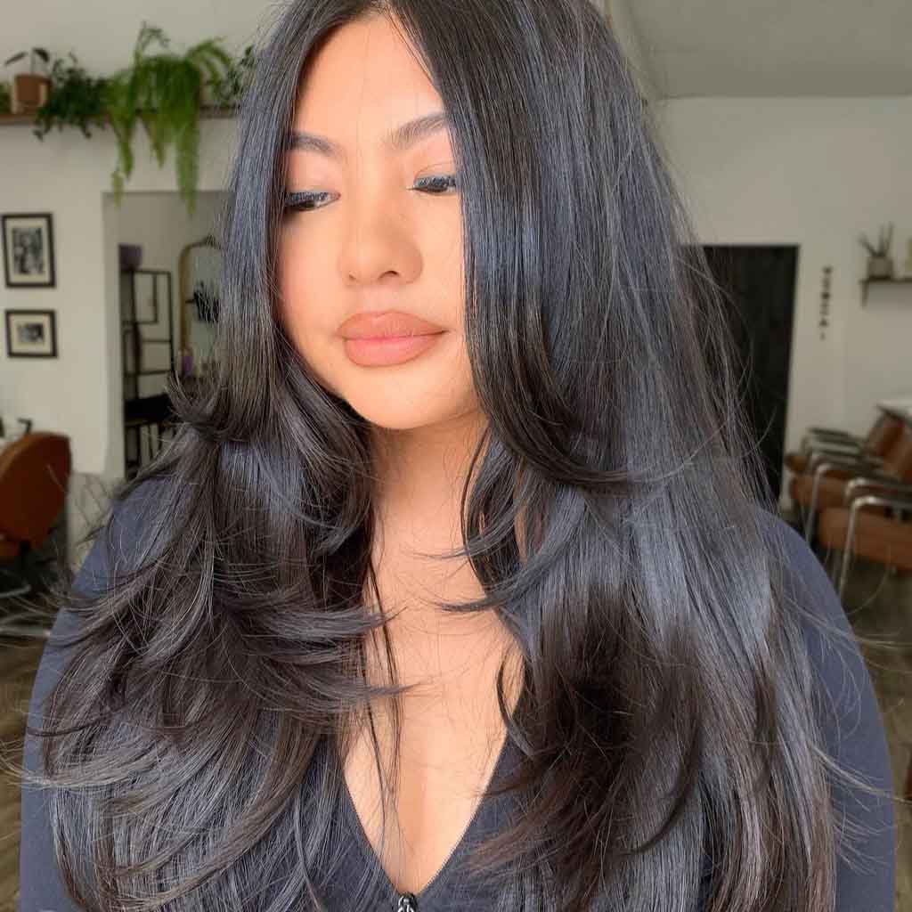 Long Black Hair With Long Face Framing Wispy Layers