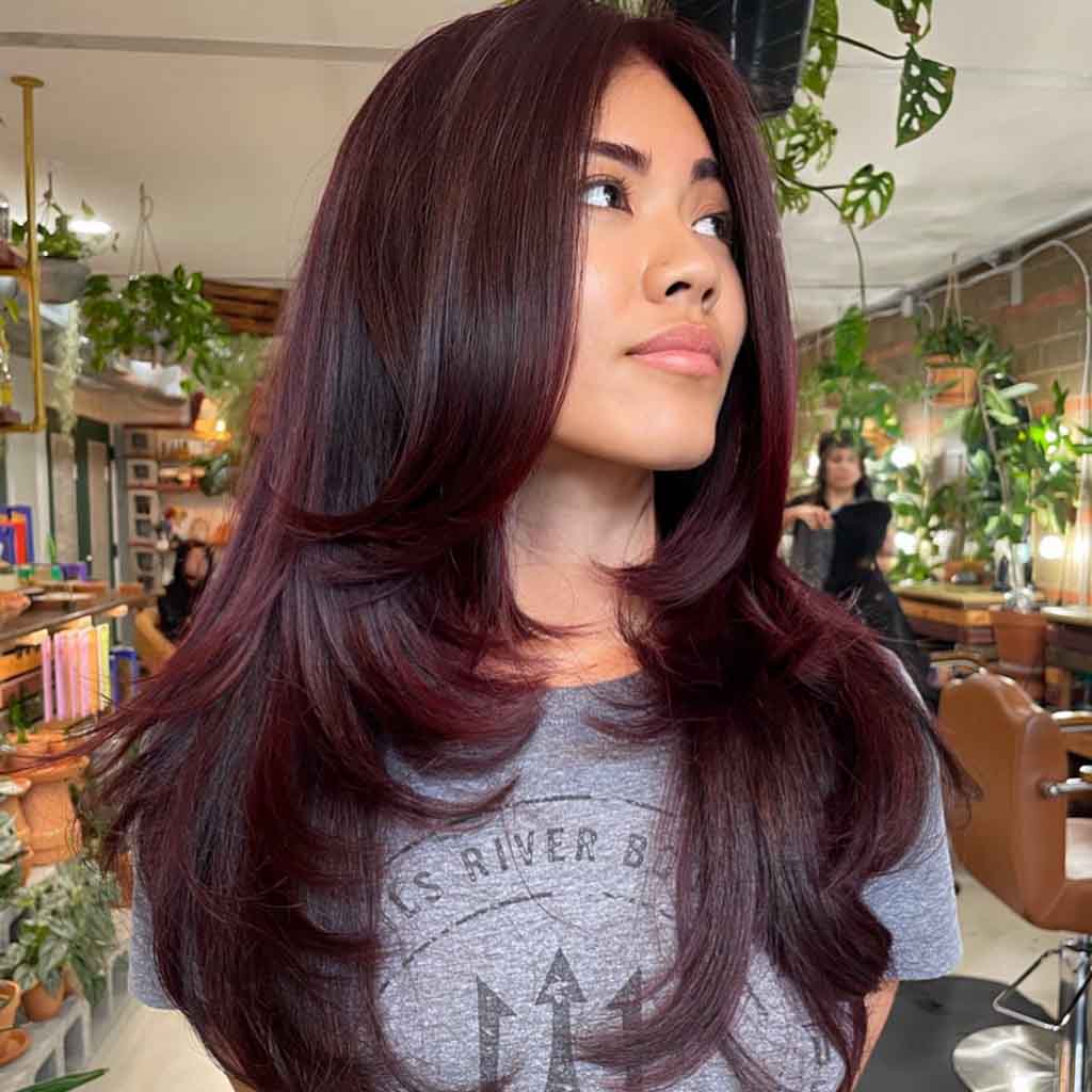 Long Hair With Butterfly Layers, Curtain Bangs and Burgundy Highlights