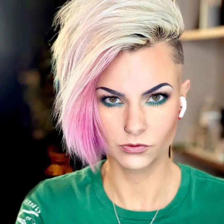 Half Shaved Bleached Blonde Pixie Cut With Pink Highlights