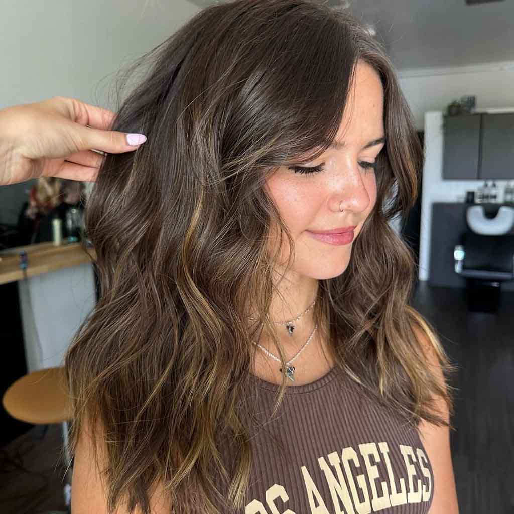 Medium Wavy California Brunette With Blonde Highlights