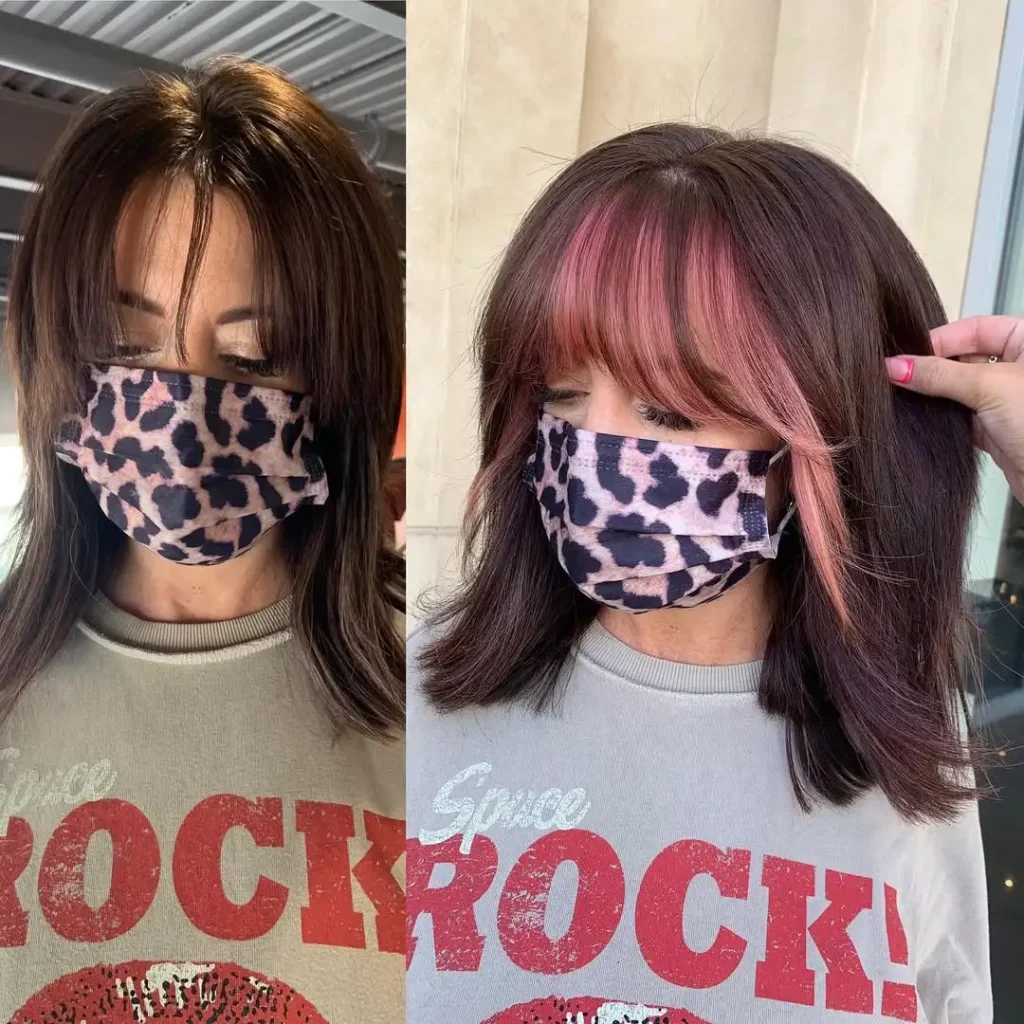 Straight Hair Brown Medium Wolf Cut With Peach Blunt Bangs