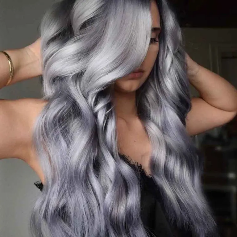 Long Fluffy Layered Beachy Waves With Smokey Silver Violet Highlights