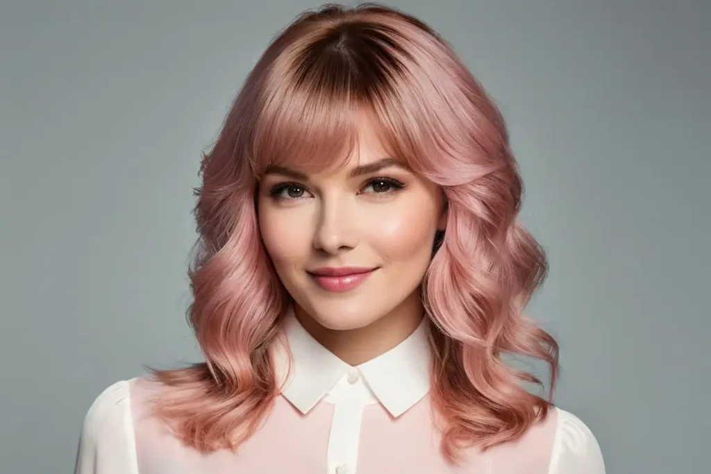 Long Light Pink Wavy Wolf Cut with Extended Bangs