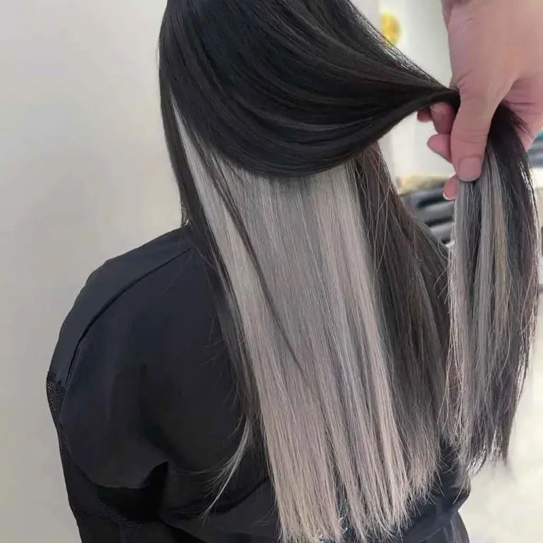 Long Black Straight Hair With Under Dyed Silver Highlights