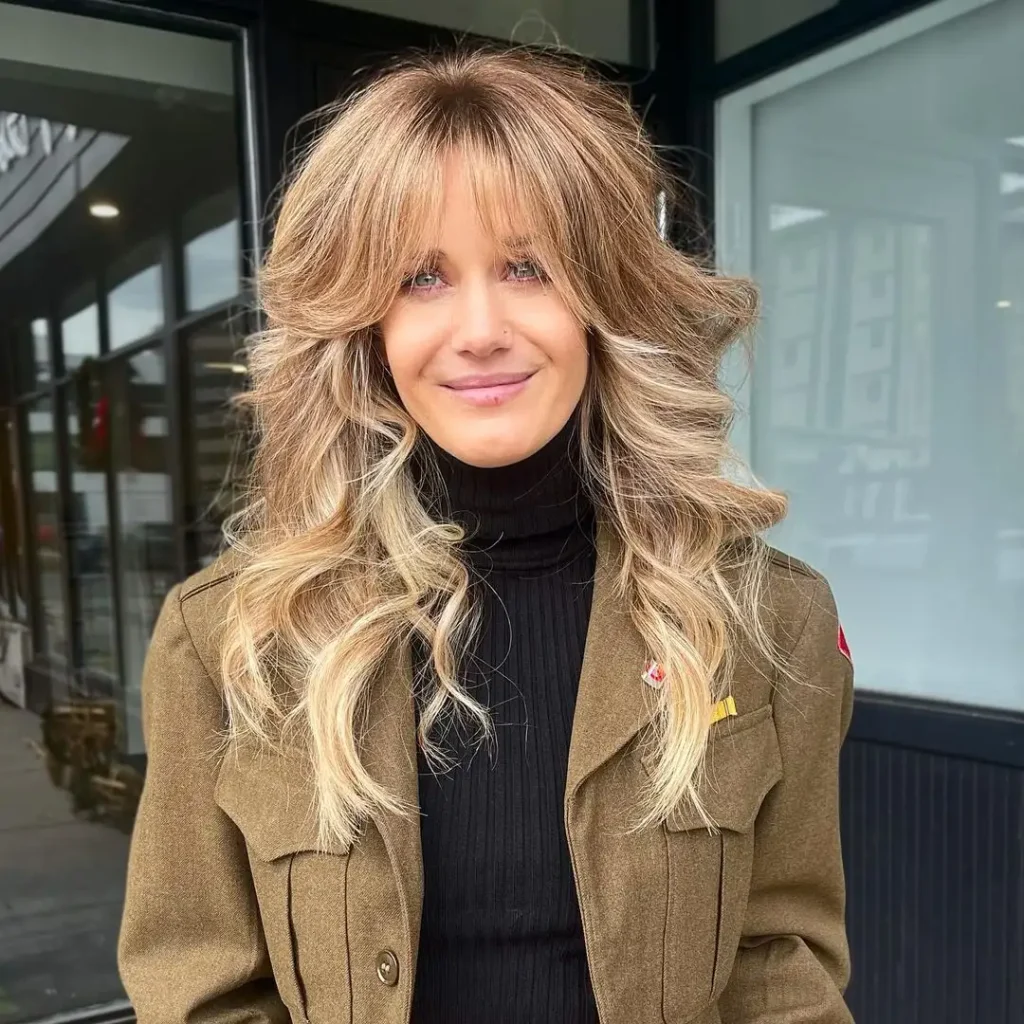 Long Bronde Wavy Wolf Cut with Curtain Bangs