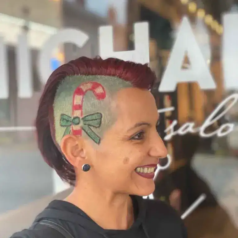 Short Mohawk Burgundy Christmas Hair With Mint Candy Design Undercut