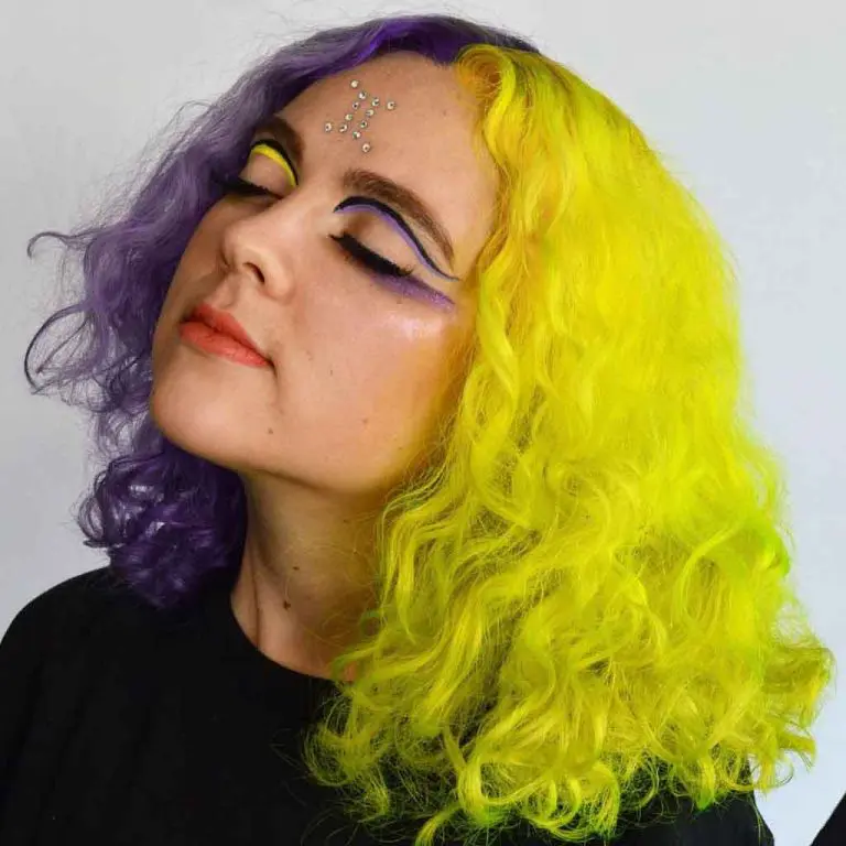 Medium Curly Yellow and Iris Purple Gemini Hair