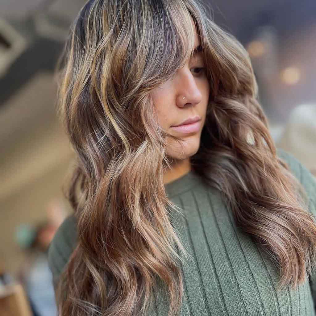 Medium Long California Brunette With Curtain Bangs