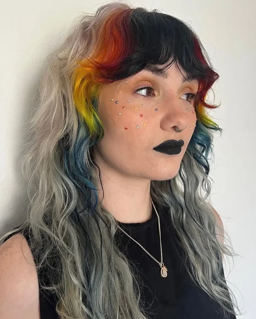 Soft Ash Wolf Cut With Dark Multi-Colored Wavy Curtain Bangs