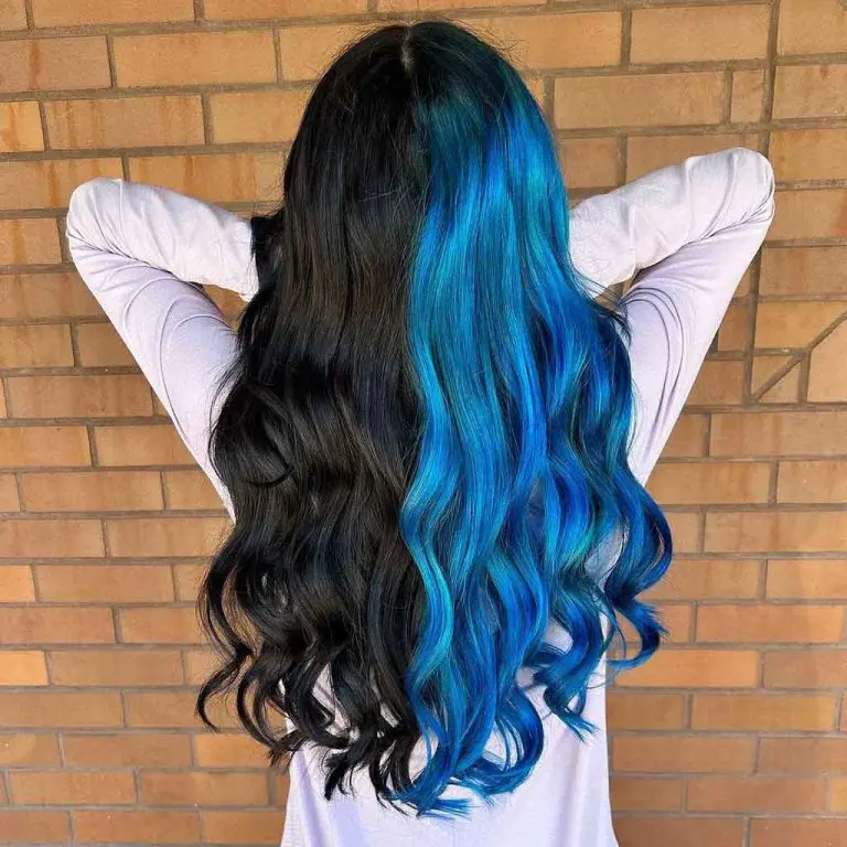 Long Lustrous Black and Police Strobe Blue Wavy Gemini Hair