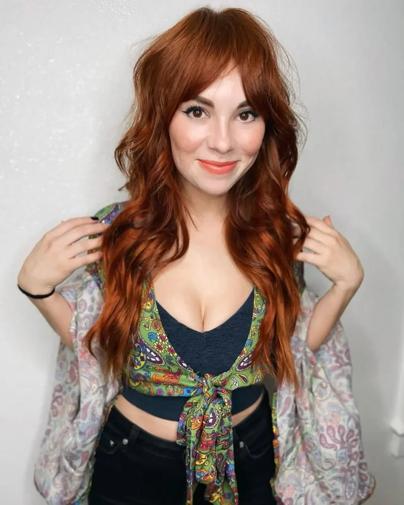 Wavy Dark Ginger Wolf Cut With Curtain Bangs