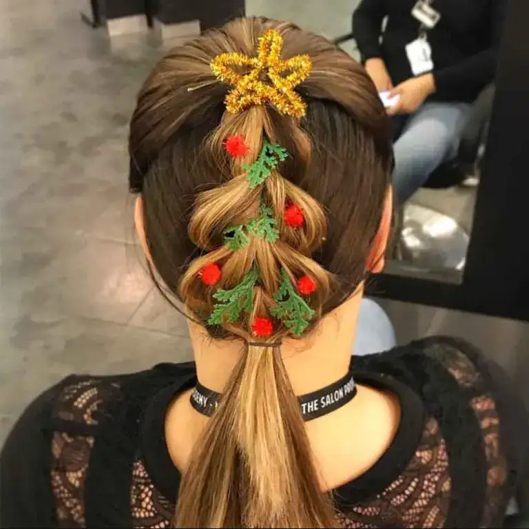 Brown Hair With Christmas Tree French Braid With Blonde Highlights