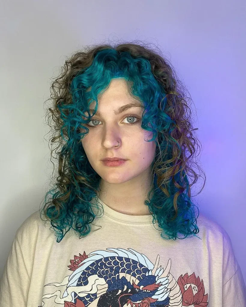 Curly Black Medium Wolf Cut With Cyan Curly Curtain Bangs