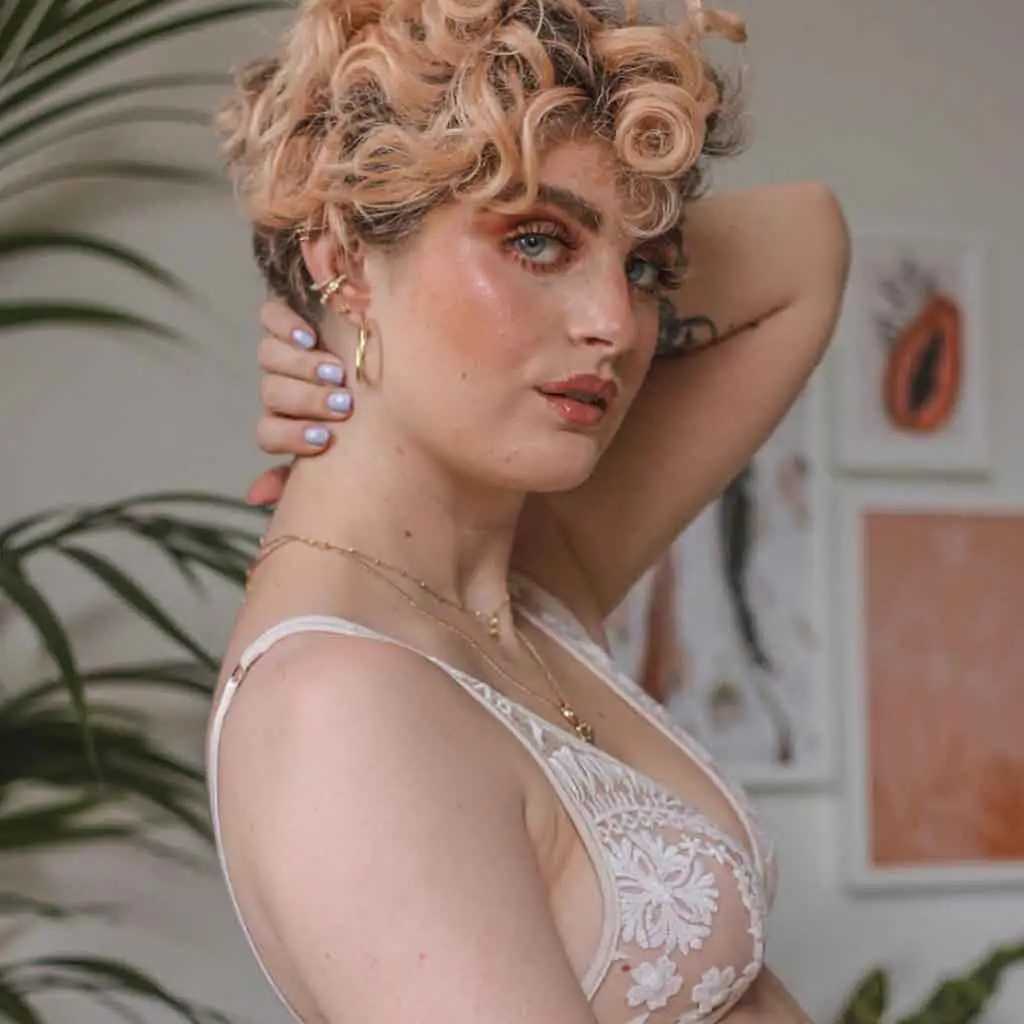 Peach Black Curly Pixie Cut