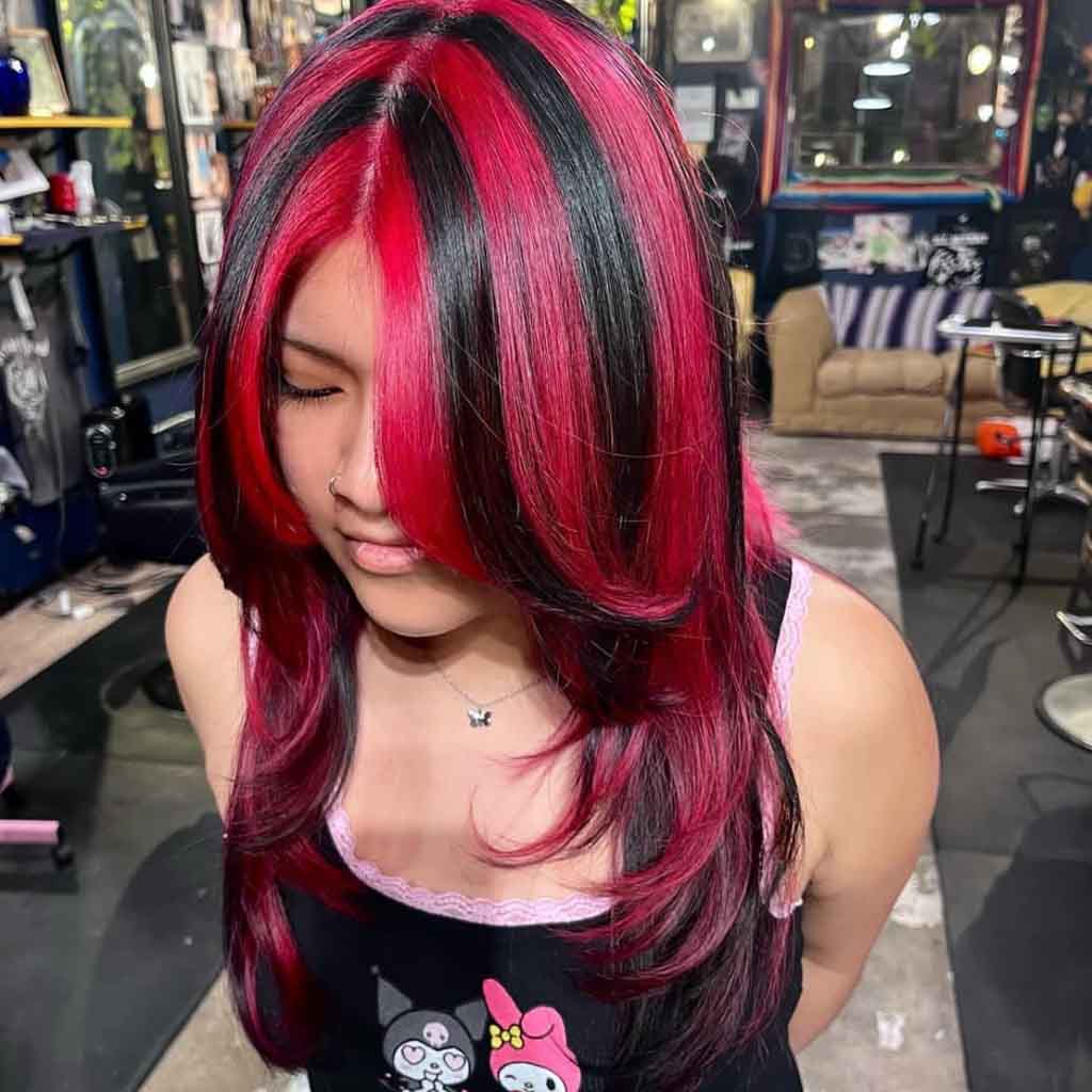 Red Stripe on White Blonde Hair