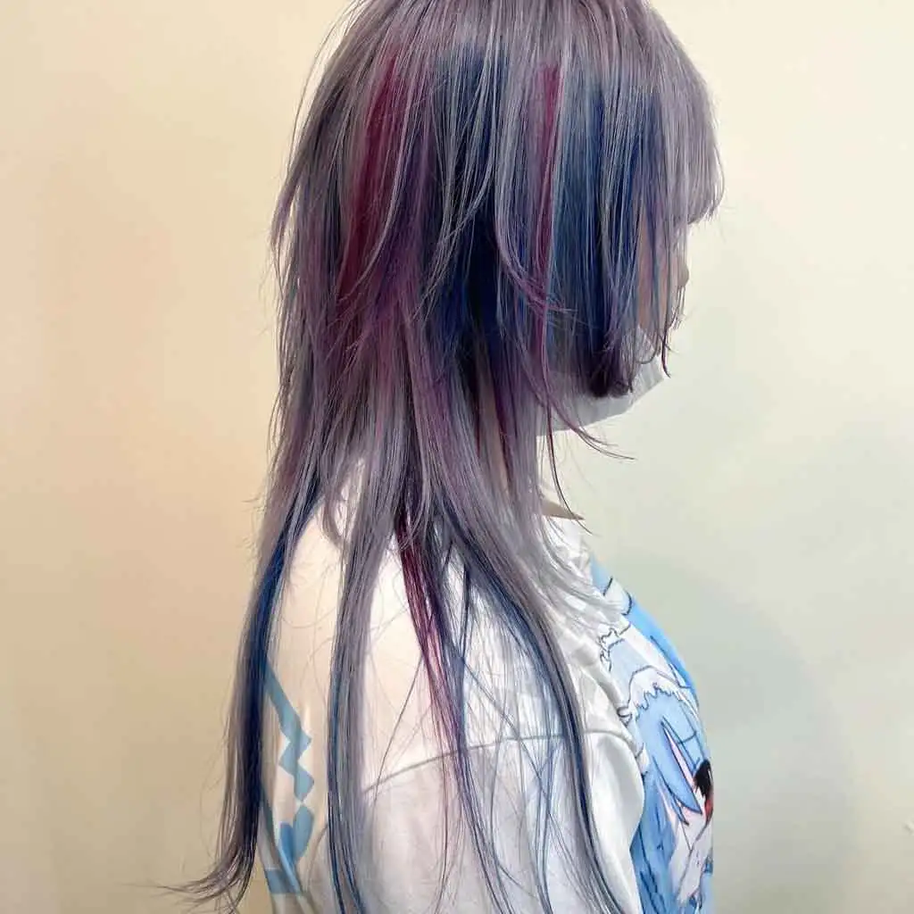 Dark Grey Octopus Haircut With Maroon Blue Highlights