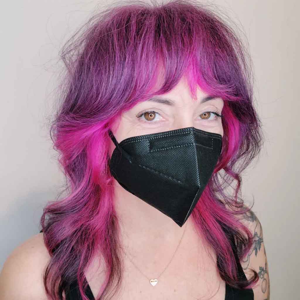 Pink Black Shaggy Wavy Medium Hair With Curtain Bangs