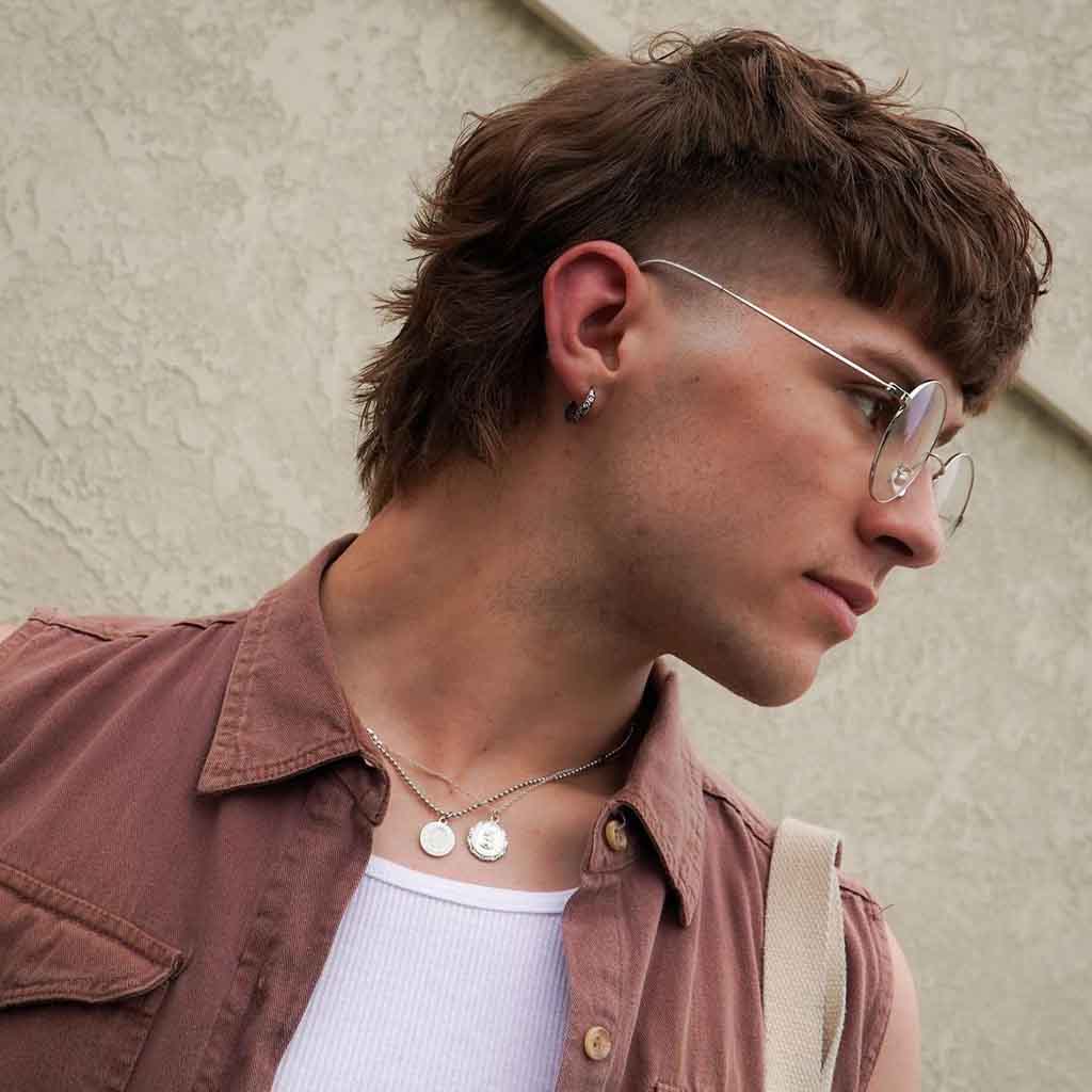 Brown Mullet Haircut With Blunt Bangs