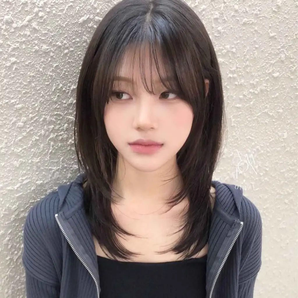 K-Pop Style Medium Straight Hair With Layers and Wispy Bangs