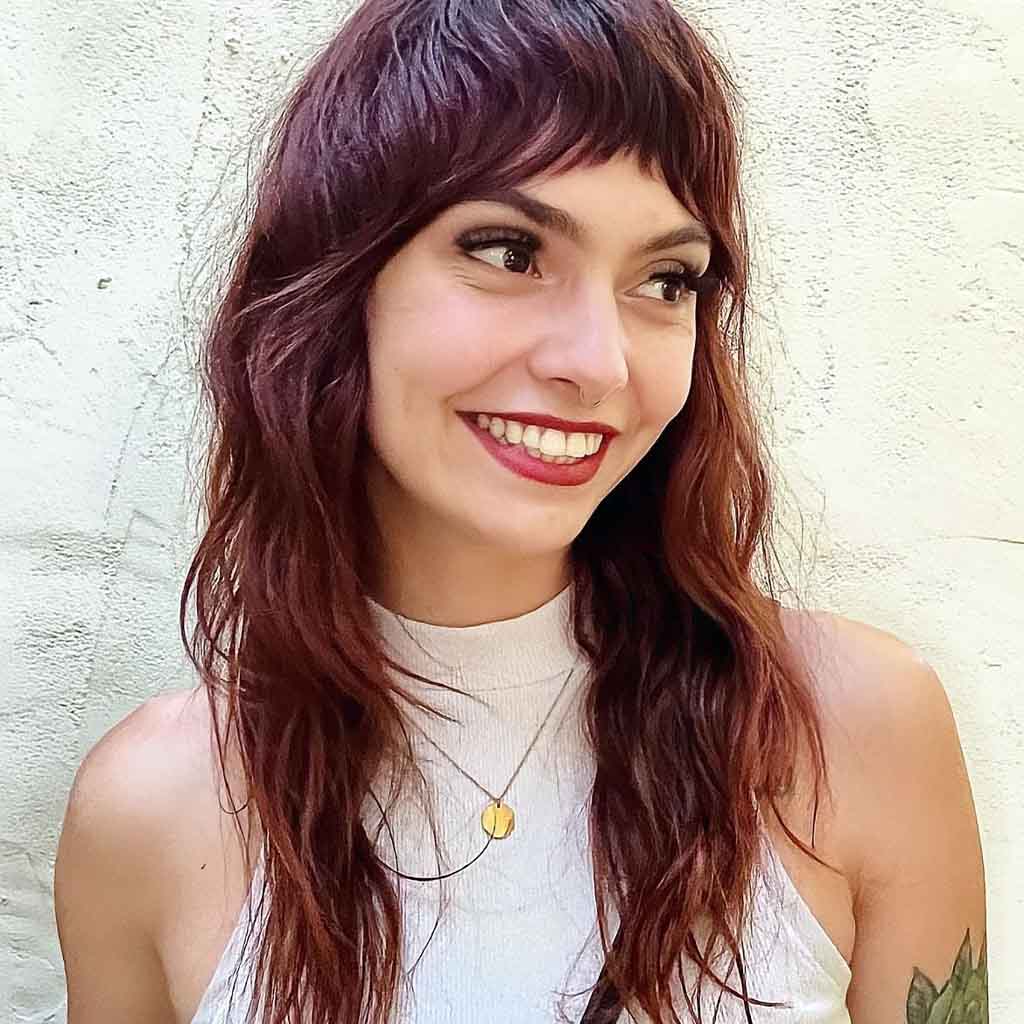 Long Burgundy Shag With Asymmetrical Bangs