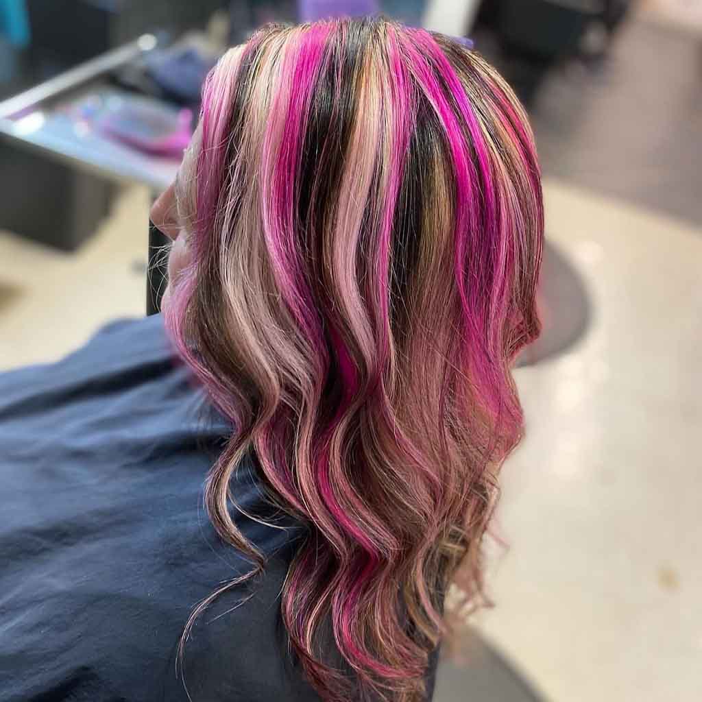 Wavy Hair With Chunky Highlights, Brown Lowlights and Pink Streaks